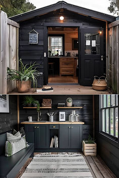 two pictures side by side of a small house with black walls and wood floors, one has