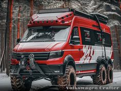 a red and white van parked in the snow