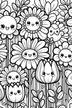 a black and white drawing of flowers with faces