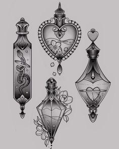 four different tattoo designs on a gray background