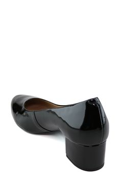 A gel heel insert and padded arch-supporting footbed optimize comfort in this handcrafted patent leather pump resting on a chunky block heel. 1 1/2" heel Cushioned insole with arch support Leather upper and lining/rubber sole Made in Brazil Classic Patent Leather Heels With 4-inch Heel, 4-inch Patent Leather Slingback Heels, Square Toe Patent Leather Heels With 4-inch Heel, 4-inch Heel Patent Leather Slingback Sandals, Black Patent Leather Block Heels With 4-inch Heel, Chunky Block Heels, Patent Leather Pumps, Women's Pumps, Heeled Mules