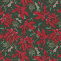 a green background with red poinsettias and holly leaves on it's sides