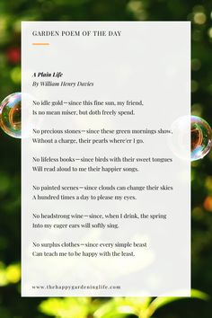 the poem garden poem of the day is written in white paper with bubbles floating from it