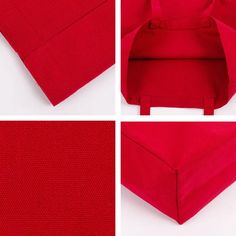 four different views of red fabric with the bottom section folded up and the bottom half closed