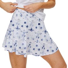 Elevate your pickleball skills with the Dizzy Pickle Women's Pickleball 15" Court Skorts with Inner Shorts. The a-line flare skirt not only enhances your figure, but also adds a touch of fashion. So, confidently display your individual style on the court with the added comfort and practicality of included under-shorts. Made from 90% Polyester and 10% Spandex Shorts with a 3" inseam layered under the skirt Standard Fit - True to Size Machine wash Under-shorts have a coordinating pattern. For length divide the long inseam number provided below in half. MADE JUST FOR YOU! All of the Dizzy Pickle collections feature a design by Amy D. Kilpatrick and each item is custom-made just for you, at the time the order is placed. Please consider the production days as well as the shipping days when you Blue Tennis Skort For Summer, Fitted Blue Shorts For Tennis, Blue Tennis Skort With Built-in Shorts, Blue Casual Tennis Skort, Casual Blue Tennis Skort, Fitted Bottoms For Pickleball In Summer, White Moisture-wicking Tennis Bottoms, Casual White Athletic Shorts For Cheerleading, White Moisture-wicking Short Tennis Skirt