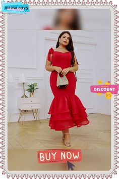 a woman in a red dress with the words buy now on it and an image of her