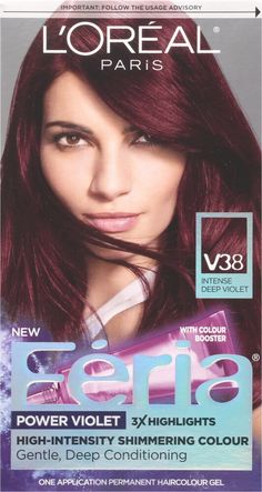 Feria by L'Oreal Paris gives you cutting-edge, multi-faceted, shimmering color that never wrecks or ravages. L'Oreal Paris Feria Shimmering Permanent Hair Color, V38 Violet Noir (Intense Deep Violet), 1 kit; Feria by L'Oréal Paris gives you cutting-edge, multi-faceted, shimmering color for vibrant, healthy-looking hair Feria's Bonding Care Complex Conditioner helps repair hair's strength; Helps protect fragile hair bonds Delivers trendy, edgy, shimmering, fashionable and multi-tonal hair colors Deep Violet Hair Color, Deep Violet Hair, Plum Brown Hair, Brown Hair Pale Skin, Pelo Color Vino, Violet Hair Colors, Hair Pale Skin, Violet Hair, Hair Color Burgundy