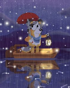 a cartoon dog holding an umbrella on top of a boat in the water at night