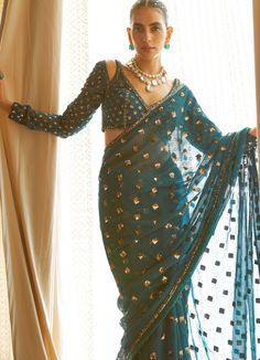 Teal Green Satin Organza Saree With Full Sleeved Blouse Vvani by Vani Vats - Fabilicious Fashion Kalamkari Kurta, Ruffled Saree, Indian Bridesmaids, Raw Silk Lehenga, Organza Blouse, Vacuum Storage, Green Saree, Blouse Designs Latest, Organza Dupatta