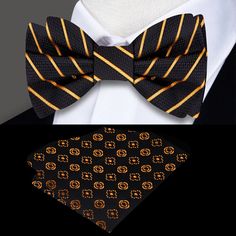 Introducing the ultimate accessory for the sophisticated gentleman - the black and gold pinstripe silk bow tie. This sleek and elegant bow tie is crafted from the finest silk and boasts a luxurious sheen that catches the light in all the right places, highlighting the subtle details of its classic pinstripe pattern. Available in both self-tie and pre-tied options, this bow tie is perfect for bow tie enthusiasts of all levels. The black and gold color scheme is bold and striking, making it the pe Gold Bow Tie For Business, Classic Gold Bow Tie For Business, Gold Classic Bow Tie For Business, Black Bow Tie With Butterfly Knot For Business, Black Butterfly Knot Bow Tie For Business, Gold Satin Bow Tie For Black-tie Events, Gold Bow Ties For Black Tie Events, Dapper Gold Bow Tie For Formal Occasions, Gold Dapper Bow Tie For Formal Occasions