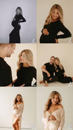 a couple is posing for pictures together in black and white outfits with their arms around each other