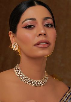 Kundan Choker Gold Plated Necklace Set Zevar by Geeta - Fabilicious Fashion Lehenga For Wedding, Jewellery Choker, Kundan Choker Necklace, Kundan Choker, Choker Gold, Fabric Pouch, Perfume Store, Indian Wedding Wear, Traditional Diamond