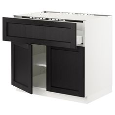 a black and white kitchen cabinet with doors open to reveal the upper drawer area,