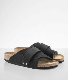 Birkenstock® Kyoto Suede Sandal - Black US 9, Women's Black Suede slip-on sandal Nubuck leather hook and latch strap Anatomically shaped cork-latex footbed. Due to the nature of leather/suede, small variances of color in the skin may occur, this is in no way considered a defect. These are inherent characteristics of leather/suede and will enhance the individual look of your garment.. Upper: Suede/Nubuck Leather. Footbed Lining: Suede. Sole: EVA.. WOMEN'S BIRKENSTOCK CONVERSION CHART U.S. Size Bi Black Double Strap Footbed Sandals With Leather Sole, Black Cork Footbed Sandals With Round Toe, Black Suede Sandals With Textured Footbed, Black Suede Sandals With Leather Footbed, Black Cork Sandals With Leather Footbed, Black Open Toe Footbed Sandals With Cork-bed Midsoles, Black Cork Sandals With Buckle Closure, Suede Footbed Sandals With Cork-bed Midsoles, Black Leather Footbed Sandals With Cork-bed Midsoles