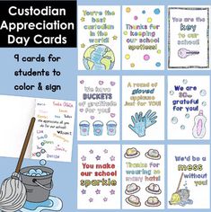 some cards with words and pictures on them that say, custoian appreciation day cards