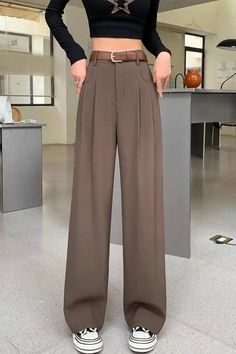 Classy Outfits Pants, Korean Pants Outfit, Korean Wide Leg Pants, Wide Leg Work Pants, Aesthetic Pants, Korean Pants, Baggy Tops, Full Sleeve Top, Brunch Dress