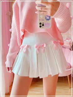 White Princess Pleated Pink Bow Tennis Skirt Yume Kawaii Kawaii Babe Pastel Skirts, Autumn Kawaii, Kawaii Ideas, Pleated Short Skirt, Colorful Wigs, Korean School, Tops Outfit, Ruffle Tops, Female Outfits