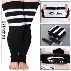 Plus Size Leg Warmers for Women-Black & White Sporty Fitted Black Leg Warmers, Black Casual Leg Warmers For Spring, Black Stretch Leg Warmers For Spring, Casual Black Elastic Leg Warmers, Black Casual Spring Leg Warmers, Trendy Black Stretch Leg Warmers, Black Elastic Casual Leg Warmers, Black Warm Leg Warmers One Size, Thick Black Cozy Leg Warmers