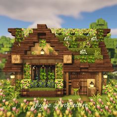 Minecraft Grass House, Minecraft Wood Cottage, Boho Minecraft Houses, House Shapes Minecraft, Aesthetic Houses Minecraft, Nature Minecraft House, Cute Mc Houses, Cute Aesthetic Minecraft Houses