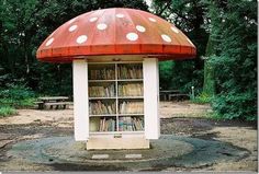 a red and white book stand with books on it in the middle of a park