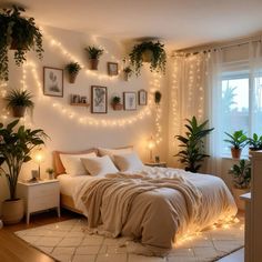 a bedroom with plants and lights on the wall