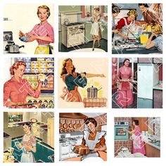 several pictures of women in the kitchen with cooking utensils and dishes on them