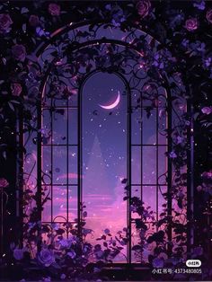 an open window with purple flowers surrounding it and the moon in the sky at night