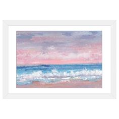 a painting of the ocean with pink and blue clouds in the sky, on a white frame