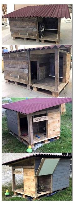 an outdoor dog house made out of wooden pallets