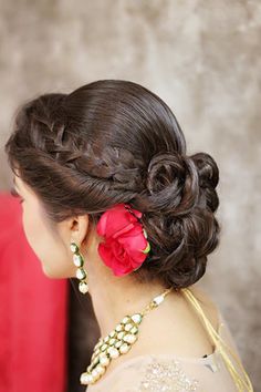 Best site to plan a modern Indian wedding, WedMeGood covers real weddings, genuine reviews and best vendors | candid photographers, Make-up artists, Designers etc #IndianHairstyles Bunny Bun, Bun Ideas, Twisted Hair, Engagement Hairstyles, Bridal Hairdo, Hairdo Wedding, Braided Bun Hairstyles