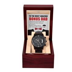 👔🎉Surprise your Bonus Dad with this awesome watch with a message card that reads, "To the most amazing bonus dad, I smile because you are my bonus dad. I laugh because there's nothing you can do about it! Thanks for putting up with my mom. I know you like a challenge." A handsome gift that can withstand constant use, this Black Chronograph Watch is perfect for all the special men in your life. A thoughtful present to your groomsmen, an anniversary memento, or a long-lasting keepsake for Father Black Chronograph Watch As Gift, Bonus Dad Gifts, Smile Because, I Smile, Message Card, Chronograph Watch, Cool Watches, My Mom, I Laughed