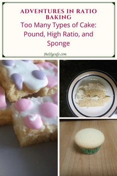 there are many different types of cakes in this collage with the words, adventures in ratioto to many types of cake pound, high rate, and sponge