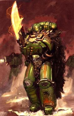 a painting of a green warhammer with flames in his hand and two other men behind him