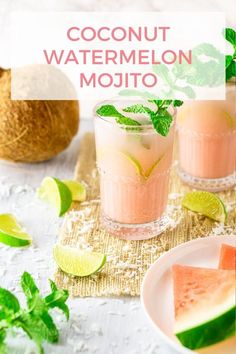 two glasses filled with watermelon mojita on top of a table