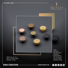 an ad for trovity featuring buttons and magnets in gold, black, and silver