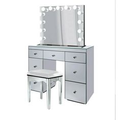 a vanity with stool and lighted mirror on the top shelf in front of white background