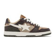 a brown and white sneaker with a star on the side, in front of a white background