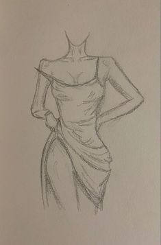 a drawing of a woman in a dress with her hands on her hips, looking down