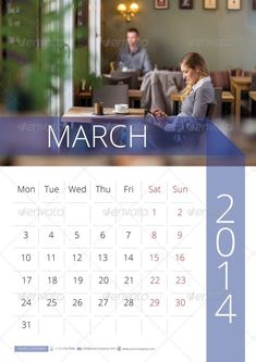 a calendar for march with people sitting at the table and one person on the phone