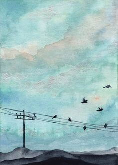 watercolor painting of birds flying in the sky above power lines and telephone poles on a cloudy day