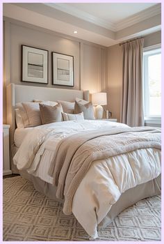 a large bed sitting in a bedroom next to a window with two framed pictures on the wall