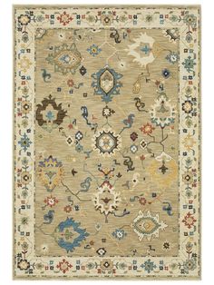 an area rug with various colors and designs on the border, including blue, green, beige