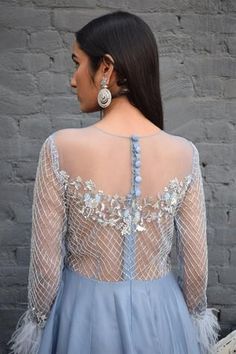 Shop for Parul Gandhi Label Blue Paper Silk Flared Gown for Women Online at Aza Fashions Ice Blue Gown, Feather Cuffs, Cutdana Work, Gown Blue, Gown For Women, Blue Gown, Embroidered Neckline, Gowns Online, Silk Embroidery