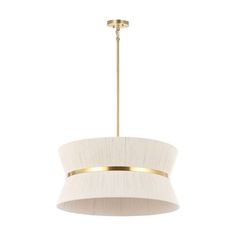 a white and gold chandelier hanging from a ceiling fixture with a light shade