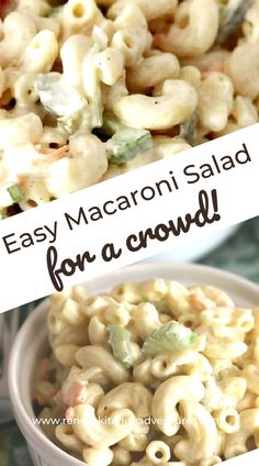 Two images of macaroni salad for a crowd ready to eat in a bowl. Recipe For Macaroni Salad, Amish Macaroni Salad Recipe, Salad For A Crowd, Homemade Macaroni Salad, Amish Macaroni Salad, Easy Macaroni Salad, Amish Style, Salads For A Crowd, Easy Macaroni