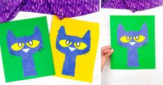 two pictures of blue cats with yellow eyes and one has green paper cut out to look like the cat's head