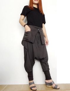 Harem Drop Crotch Pants Asymmetric Trendy Brown Cotton Blend image 5 Spring Bottoms With Belt Loops And Asymmetrical Hem, Asymmetrical Cotton Bottoms For Fall, Casual Black Bottoms With Asymmetrical Hem, Casual Bottoms With Asymmetrical Hem For Work, Casual Asymmetrical Hem Bottoms For Work, Edgy Black Asymmetrical Bottoms, Asymmetrical Cotton Bottoms For Work, Baggy Alternative Bottoms For Spring, Casual Asymmetrical Hem Bottoms For Fall