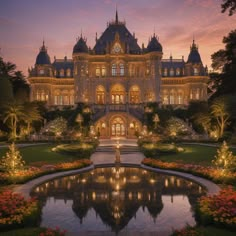 an elaborately designed mansion lit up at night