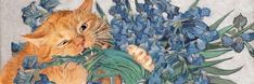 a painting of two cats next to blue flowers