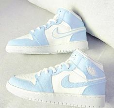 Custom Air Jordan 1 Mid Baby Blue - shecustomize Custom Air Jordan 1, Custom Jordans, Nike Shoes Girls, Dr Shoes, Preppy Shoes, Blue Jordans, All Nike Shoes, Cute Nike Shoes, Cute Nikes